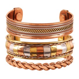 Touchstone Copper healing bracelet Tibetan style. Hand forged with solid and high gauge pure copper. Set of 3 different designs with 3 metal shades.