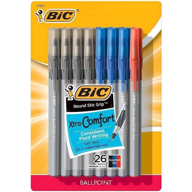 52 x Bic Round Stic Grip Ballpoint Pens, 1.2mm Medium