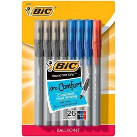52 x Bic Round Stic Grip Ballpoint Pens, 1.2mm Medium Point Nib, Xtra-Comfort Soft Grip - Assorted Ink Colours (Black, Blue, Red)