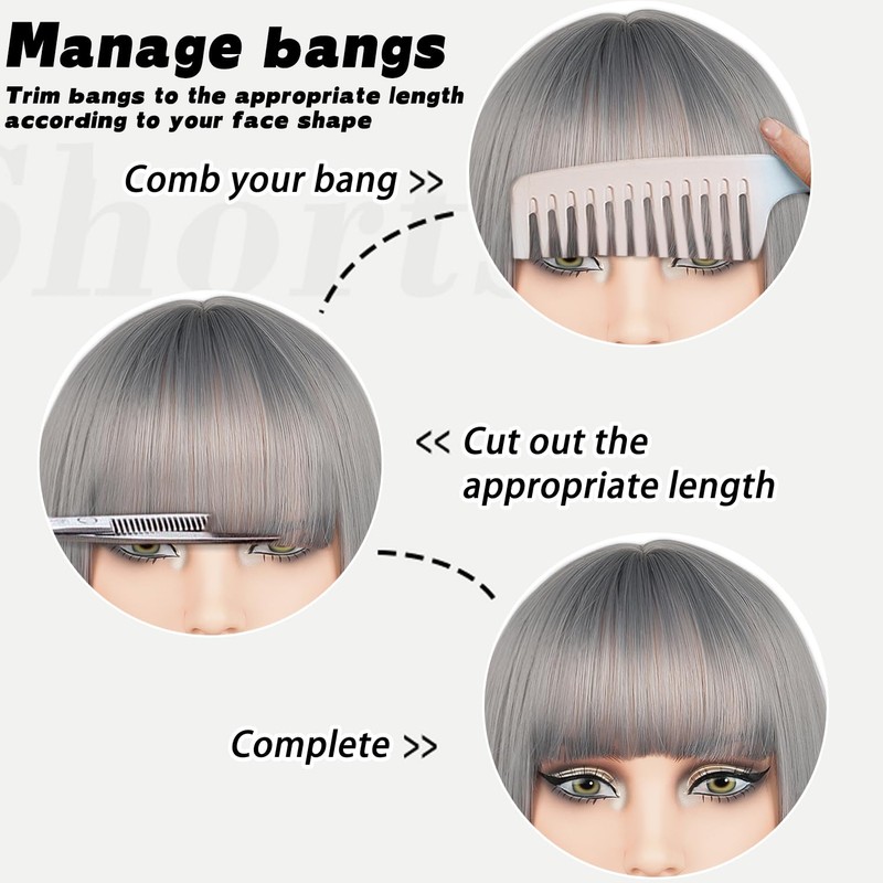 Grey Bob Wigs with Flat Bangs for Women Short Straight