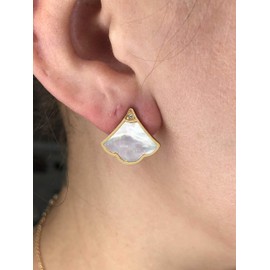 925 Sterling Silver Mother of Pearl Fan Stud Earrings with Yellow Gold Plating Friction Back by Lavari Jewelers