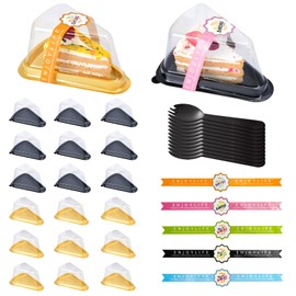 100 Pack Cake Slice Containers with Lids, Plastic Pie Container Mini Cheesecake Box, Individual Clear Triangle Cake Pans with Sticker and Fork for Pies, Tiramisu, Mousse, Dessert (Black and Gold)