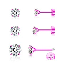 3Pairs Women Earrings Flat Back, White CZ Stud Flat Screw Back Earrings, Pink Titanium Flatback Cubic Zirconia Cartilage Earring Stud, Multiple Piercing Earrings for Multiple Pierced Ears