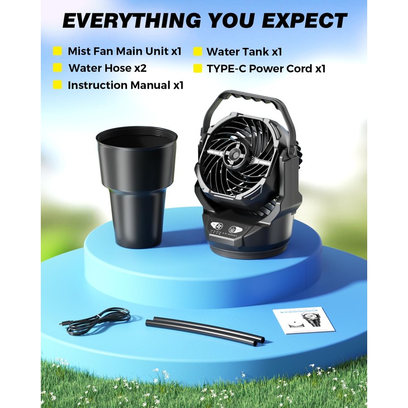 Golf Cart & Car Cup Holder Misting Fan, 900ml Leak-Proof,