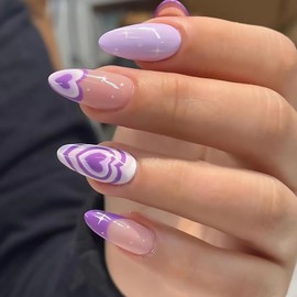 Purple French Tip Glossy Fake Nails Kit,Long Almond Shape Press on Nails,Full Cover Artificial Nails with Heart Star Design,Stick on Nails with Charm for Women,Reusable Acrylic False Nails with Glue