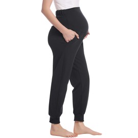 Women's Cotton Maternity Jogger Over The Belly Pregnancy Pant Lounge/Pajama/Pj/Yoga Sweatpant(Black,Large)