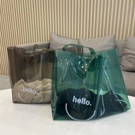 Pretty Transparent Plastic Handle Bags for Clothing Stores (50 pcs) - Hello Design Transparent Green - 32x32 (50 pcs) 2ea