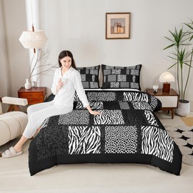 Wildlife Animal Fur Print Comforter Set,Black White Patchwork Texture Bedding Adults Bedroom Decor,Leopard Cheetah Zebra Skin Ultra Soft Inner Fill 3Pcs Bedding Set Queen Size,Modern Simple Style