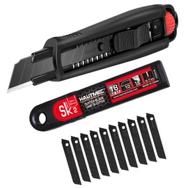 HAUTMEC 18mm Extra Heavy Duty Utility Knife with Double Lock Mechanism and 10pc Blade Set, Double Safety, SK2 Sharp Black Blade for Industrial or Construction Applications HT0153-KN