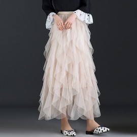 SUZALA Women's Tulle Skirt Elastic High Waist Pleated A-line Midi Skirt Layered Mesh Flowy Tutu Skirts, Wave Apricot for 23"-31.5" Waist, One Size Long