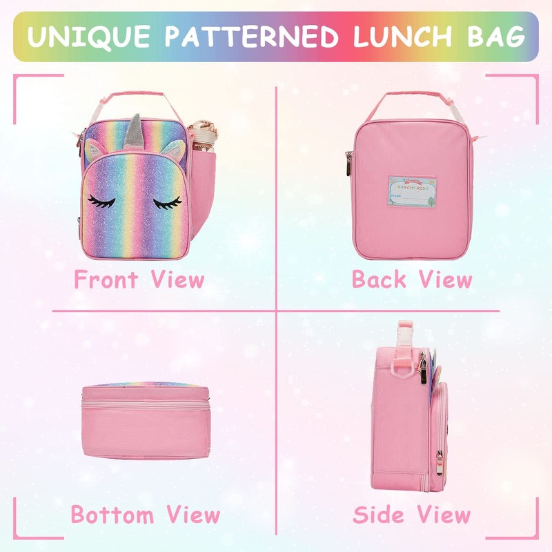 VASCHY Unicorn Lunch Box Bag for Kids, Insulated Reusable Glittery