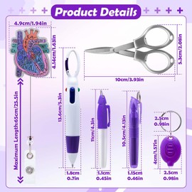 6Pcs Nurse Pen Set - Nursing Badge Reel Permanent Marker Ballpoint Pen Mini Highlighter Foldable Badge Scissors LED Flashlight Keychain Nurse Badge Reel Accessories for Work Students(Purple)
