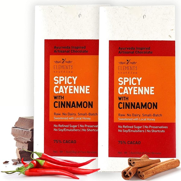 Elements Truffles Spicy Cayenne Chocolate Bar With Cinnamon - Dairy Free Chocolate Bars - Paleo Friendly, Gluten Free, Non-GMO, Raw, Organic - Ayurveda Inspired Healthy Chocolate Bar - 2 Pack