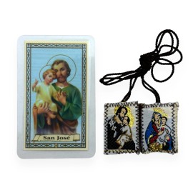 San Jose Tarjeta Laminada de Oracion con Escapulario 2 Pc Set Prayer Card New
