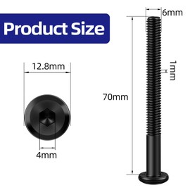 Etauwe 20-Piece M6 x 70mm Flat Head Socket Cap Screws - Carbon Steel Black Oxide Furniture Bolts with Hex Key, Partially Thread Machine Fasteners