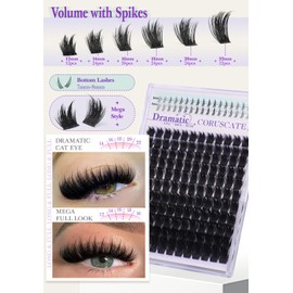 CORUSCATE Thick Lash Clusters with Bottom Lashes Spike Cluster Eyelash Extensions Mega Style Eyelash Clusters 12-22mm Long Individual Lashes Strip Dramatic Full Look DIY Home Lash Extension