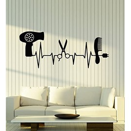 Vinyl Wall Decal Cardiogram Hair Dryer Scissors Comb Hair Salon Stickers Mural Large Decor (g6163) Black