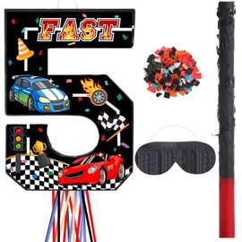 Harrycle Race Car Number Piñata Pull String Fast Piñata Small Racing Theme Piñata with Blindfold Stick Confetti for Boys Birthday Decorations Party Supplies(Number 5)