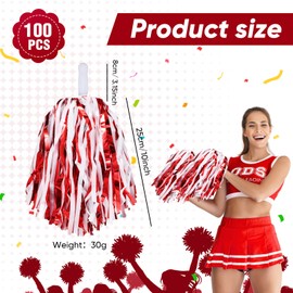 100Pcs Metallic Cheerleading Pom Poms with Baton Handle Cheerleader Pompom Foil Cheer Pom Poms 30g Cheering Squad Hand Flowers for Adults Team Spirit Sports Party Cheering(Red and White)