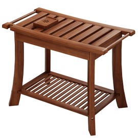 Teak Shower Bench, 23.6 Inch Teak Shower Stool 300lbs Wood Shower Chair Seat with Storage Shelf Towel Rack for Bathroom Indoor and Outdoor Use