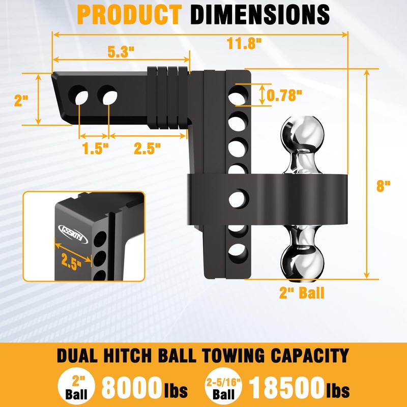 Adjustable Trailer Hitch for 2-Inch Receiver-8-Inch Drop/Rise,2" & 2-5/16" Ball