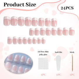 LunarCharm 24 Pieces White French Tip Press-on Nails, Short Square Artificial Nails, Pink Glue-on Nails, Full Coverage, Acrylic Artificial Nails, Reusable