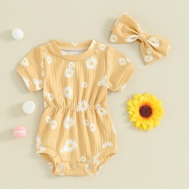 Yoawdats Baby Girls Rompers Daisy Print Infant Bodysuits Summer Clothes with Headband Cute Baby Girl Clothes Cotton Linen (Yellow, 0-3 Months)