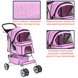 4 Wheels Pet Stroller for Dogs/Cats, Cat Dog Cage Stroller, Travel Folding Carrier with Removable Liner & Storage Basket & Cup Holder, for Small-Medium Dog, Cat - Pink