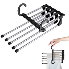 Deppiani Ganchos para Pantalon. Ganchos para Ropa 5 en 1. Ahorra Espacio en tu Closet. Organizador de Pantalones Multifuncional y Ajustable. Perchas para Ropa Multiple de Metal. Pants Hanger. (Negro)