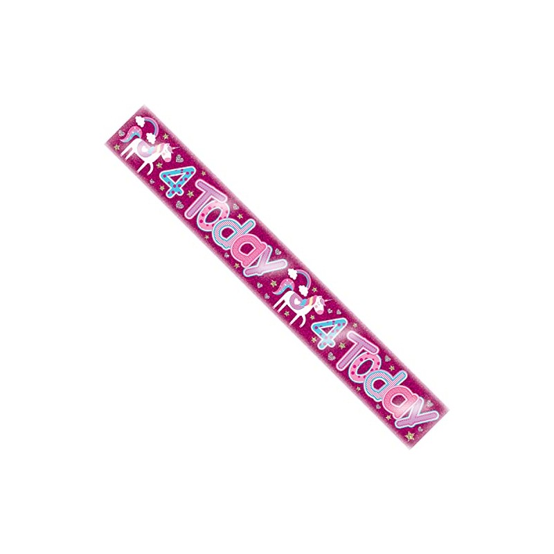 Age 4 Birthday Banner PinkUnicorn And Silver Holographic Recyclable 4th