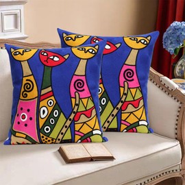 Pilmandu Pack of 2 Decorative Square Pillowcase Abstract Art Embroidered Throw Pillows Cover for Couch Farmhouse Patio Garden Sofa Chairs 18x18 Inch (Blue Long Neck Cat), T-4888