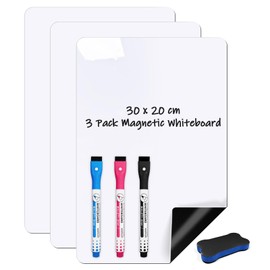 Pack of 3 Small Magnetic Whiteboard for Fridge, 30 x 20 cm, Mini Magnetic Board, White Board for Kitchen, Whiteboard Film for Family Menu, A4 Magnetic Film, Writing Board & 3 Pens 1 Sponge