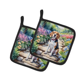 Caroline's Treasures Beagle Spring Garden Pair of Pot Holders Kitchen Heat Resistant Pot Holders Sets Oven Hot Pads for Cooking Baking BBQ, 7 1/2 x 7 1/2