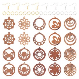 PandaHall Holzohrring-Set, flach, rund, Schmetterlingsblatt, filigrane Blume, Holz-Ohrring-Anhänger für Boho-Ohrringe, Schmuckherstellung, 20 Stück