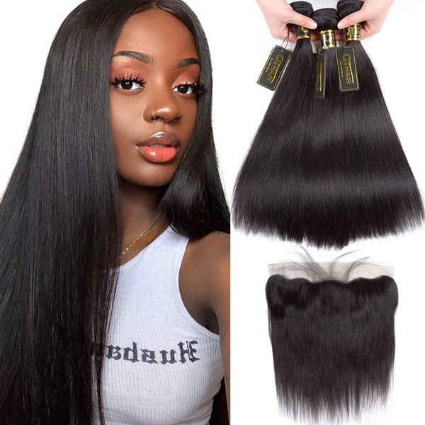 QTHAIR 12A Grade Brazilian Straight Hair 3 Bundles With Frontal Closure(16 18 20+16Frontal) 13x4 Ear to Ear Lace Frontal 100% Unprocessed Virgin Human Hair Natural Color
