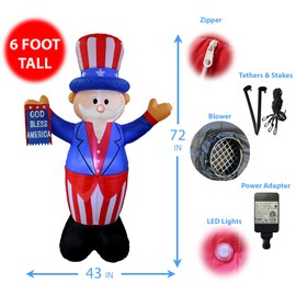6 Foot Tall Patriotic Independence Day 4th of July Inflatable Uncle Sam with God Bless America Flag Pre-Lit LED Lights Outdoor Indoor Lawn Yard Holiday Decoration Blow up Home Garden Decor