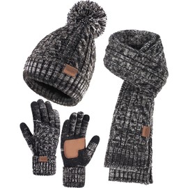 Women Beanie Hat Scarf Gloves Set, 3 PCS Winter Warm Pom Pom Beanie Hat Skull Cap Long Knit Neck Scarf & Touchscreen Gloves Set for Cold Weather, Christmas Holiday Gifts for Mom Wife Friend Sister Her