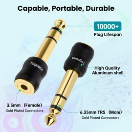 6.35mm 1/4 Inch to 3.5mm 1/8 Inch Adapter 2 Pack, 6.35mm Quarter Inch TRS Stereo Male to 3.5mm Female Jack Plug Gold-Plated Pure Copper Audio Converter Connector Premium Quality Series