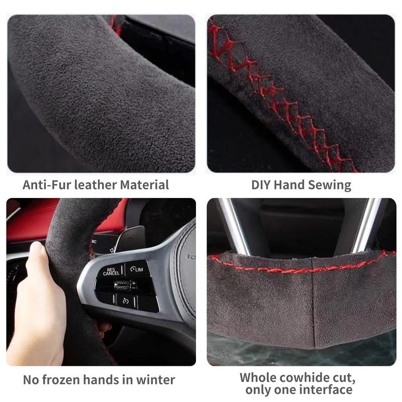 Suede Leather Steering Wheel Cover, DIY Stitch-On Wrap with Needle