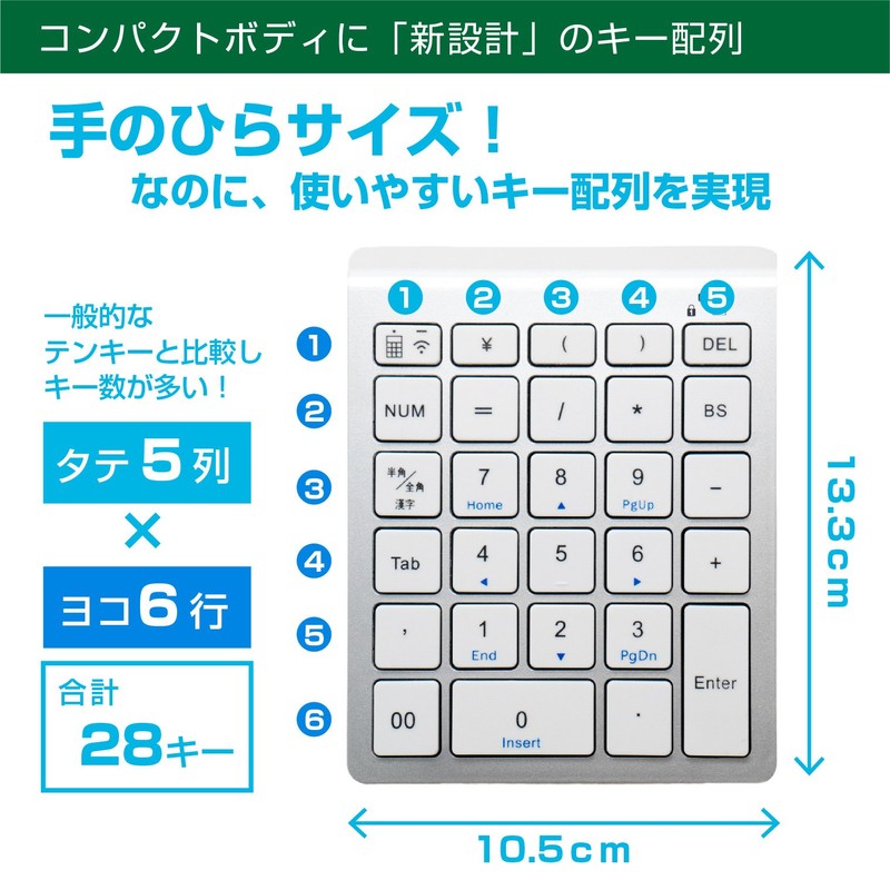 ミヨシ MCO Windows用 ワイヤレステンキー 2.4GHz接続 5列・28キー アイソレーション式 ブラック TEN24G01/BK