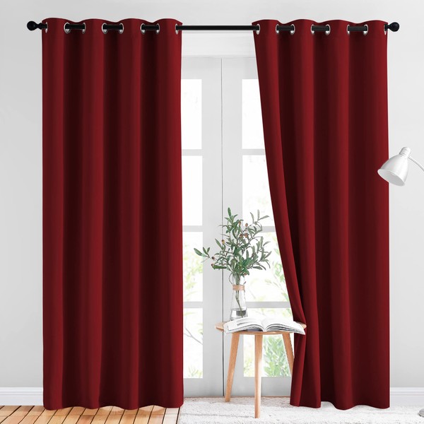 NICETOWN Burgundy Blackout Curtains Grommet - Home Decorations Thermal Insulated Solid Grommet Top Blackout Living Room Panels/Drapes for Gift (One Pair, 52 x 84-Inch, Red)