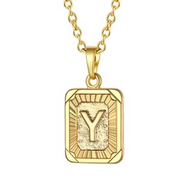 Focalook 26 letters A B C initial letters, pendant with 45 cm / 50 cm Rolo chain, hexagon/rectangle tag necklace for women, girls pendant loop, adjustable gold/ silver available for selection., Y
