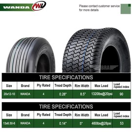 WANDA Set 4 Zero-Turn Lawn Mower Turf Tires 13x6.5-6 Front & 20x12-10 Rear /4PR -13081/13042