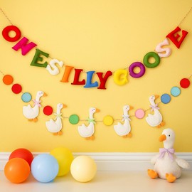 Oudain 2 Pieces One Silly Goose Banner Felt Baby Shower Garland Pre Assembled 1st Birthday Decorations Hanging Banner with Felt Pom Poms for Birthday Party Decoration Photo Prop