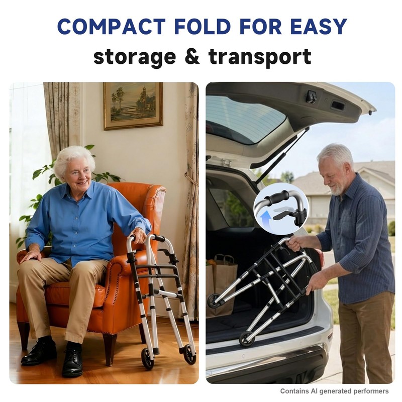 Onpickly Foldable Walker for Seniors with 5" Wheels, Lightweight, Silver