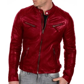 DECIMAL Men's Black & BROWN Genuine Lambskin Leather Biker Jacket VINTAGE REAL MOTORCYCLE JACKETS FOR MEN (L, RED)