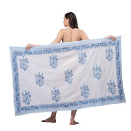 Women's Short 100% Cotton Hand Block Sarongs Beach Wrap Sheer Bikini Colors Wraps Chiffon Cover Ups for Swimwear Sarong Skirt (Aqua & White)