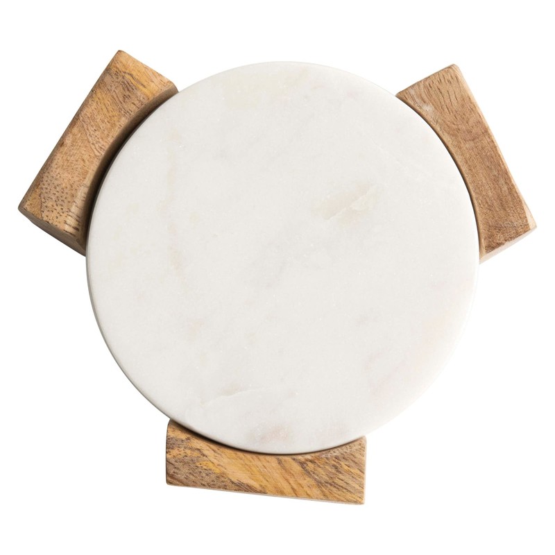 Bloomingville Round Marble Coasters with Mango Wood Holder (Set of