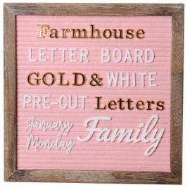 Brown Frame Pink Felt Farmhouse Rustic Felt Letter Board 10x10 Inches with Stand Easel + 625 Pre-Cut Letters + 11 Cursive Words Shabby Chic Vintage Wood Changeable Message Board with Gold Letters