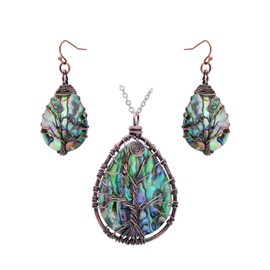 Tree of Life Hand Wrapped Sea Abalone Shell Earrings/Pendant Necklace Jewelry Set for Women, Copper Wire Bronze Tone